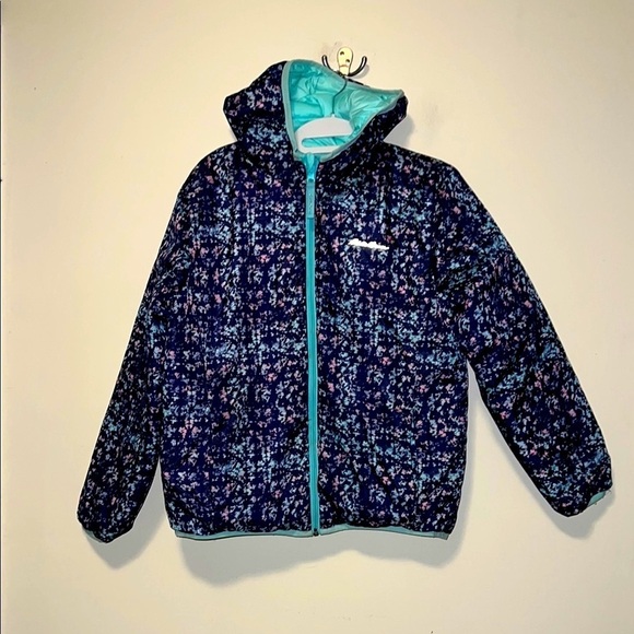 Kids Eddie Bauer reversible Floral Hooded down puffer Jacket Navy and Aqua - Picture 1 of 9